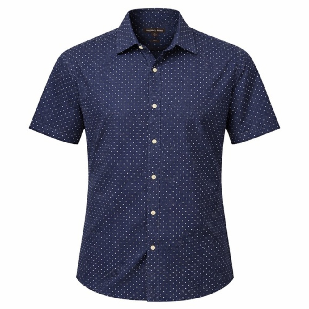 Michael Kors Navy Polka Dot Short Sleeve Button Down Shirt XL Slim Fit Classic